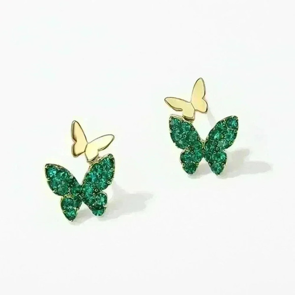 💥Green Double Butterfly Princess Cut CZ Earrings for Women, GPMB1542 - Picture 2 of 3